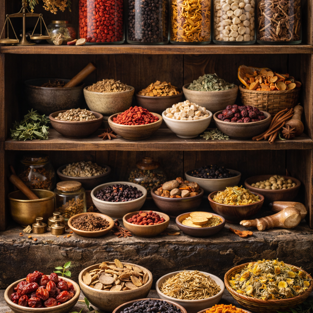 Regal mit Schalen getrockneter Kräuter und Zutaten für TCM-Rezepturen